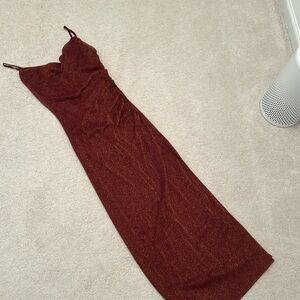 Red & Gold Midi Cowl Neck Body Con Dress